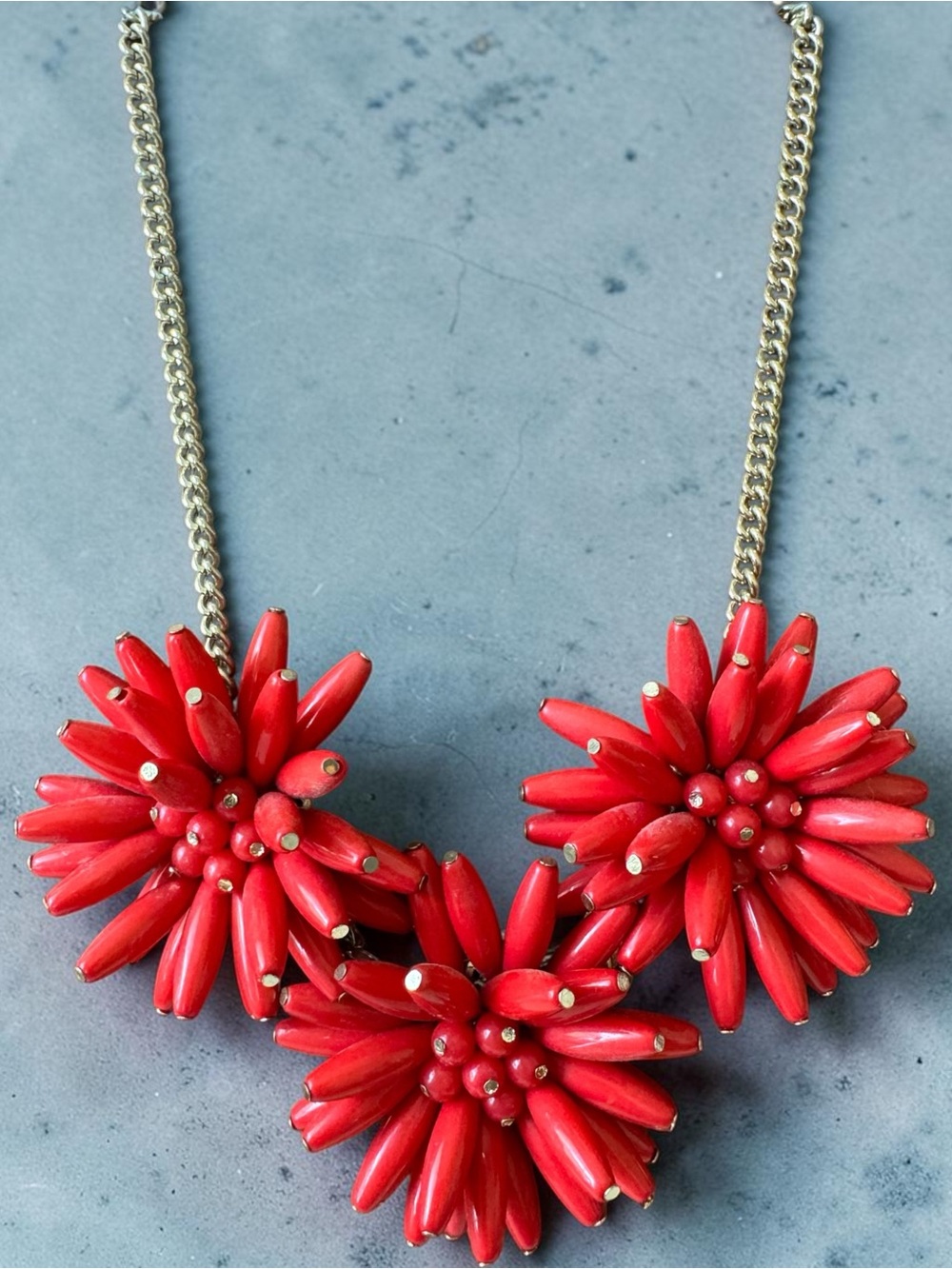 Red Beaded Floral Gold Tone Statement Necklace - Women Jewelry